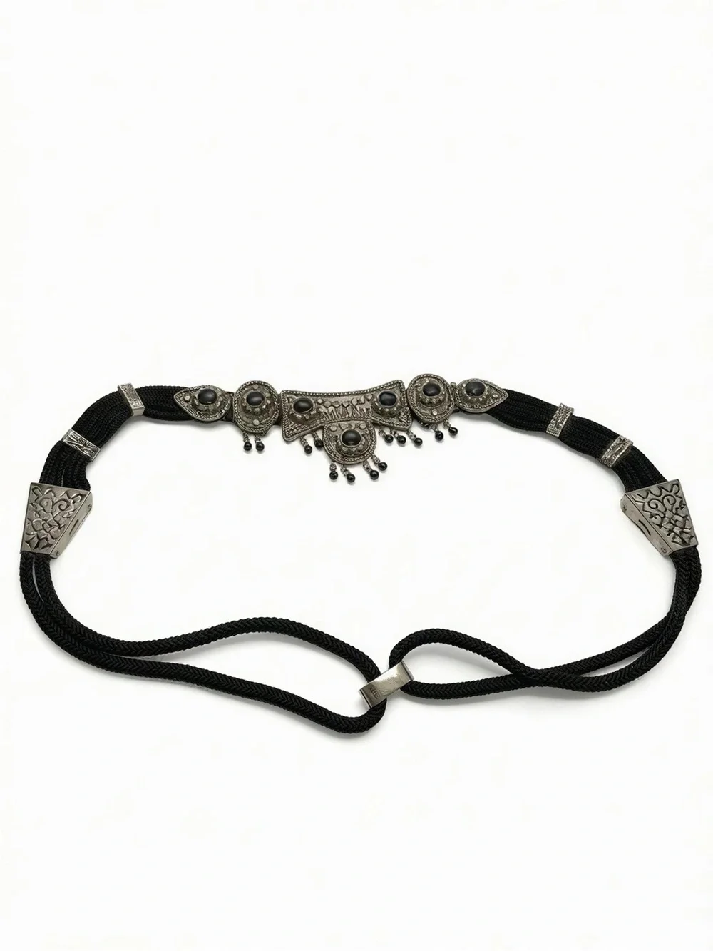 Vintage Boho/Western Black Cord‎ and Silver-Tone Decorative Belt